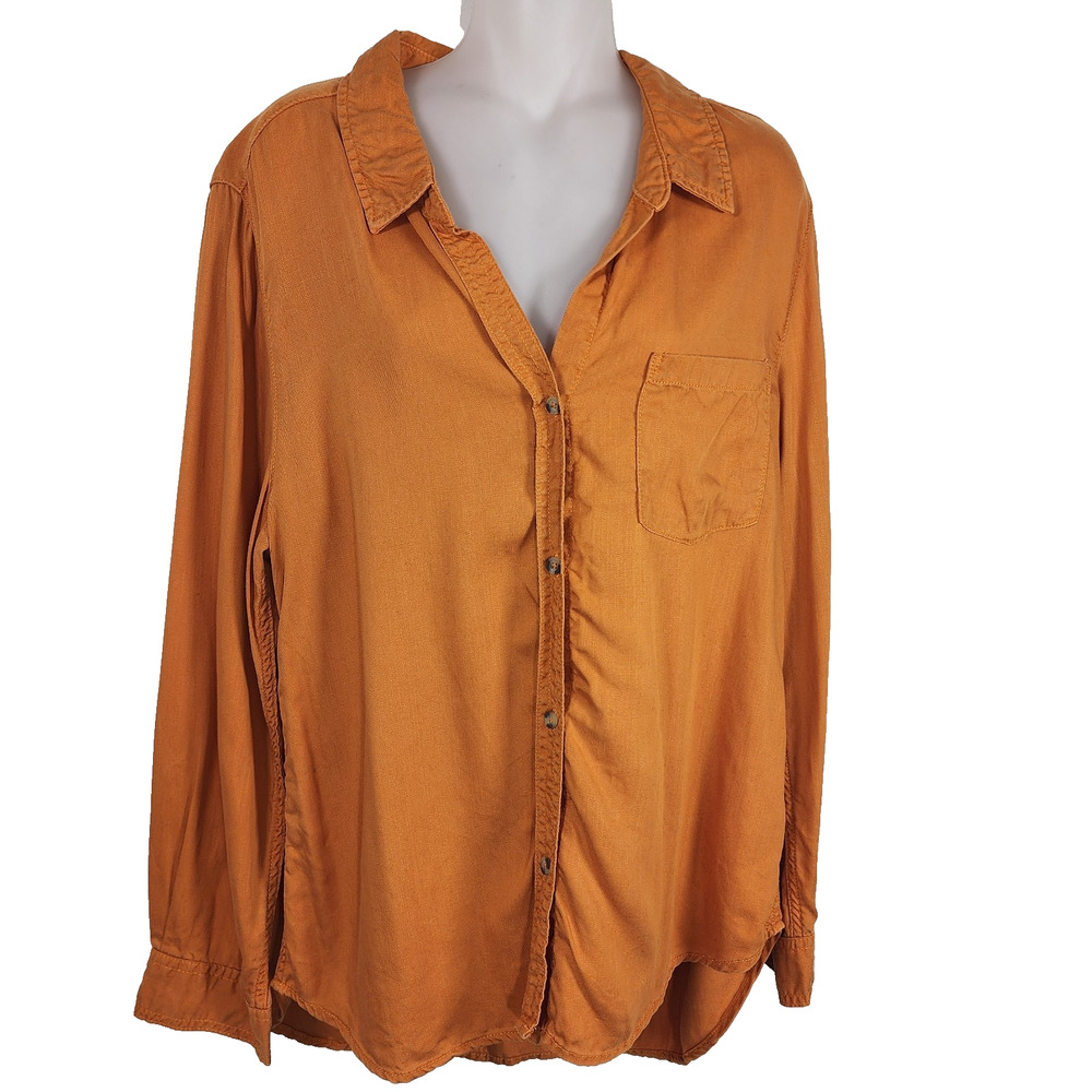 Lola River Womens Shirt Large Button Orange Tencel Lyocell Layer Long Sleeve